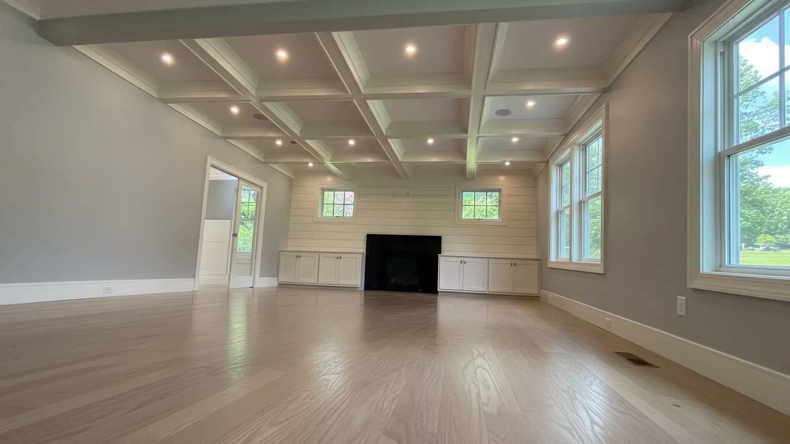 Living room with painted coffered ceiling, Lexington, MA